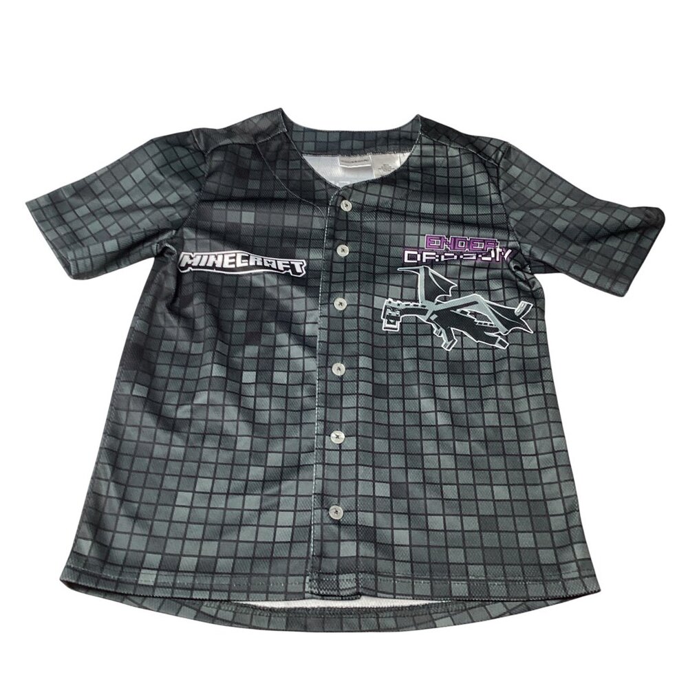 Minecraft Ender Dragon Button Down Black & Gray Jersey, Size 8